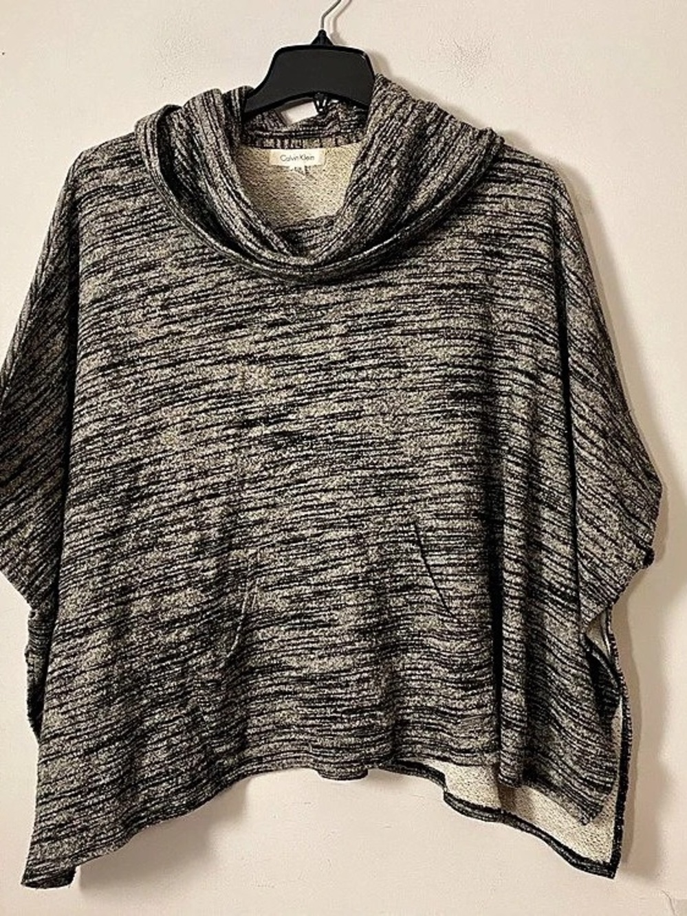 Calvin Klein Cowl Neck Poncho Sweater Women's Gray & Black Tunic with kangaroo p